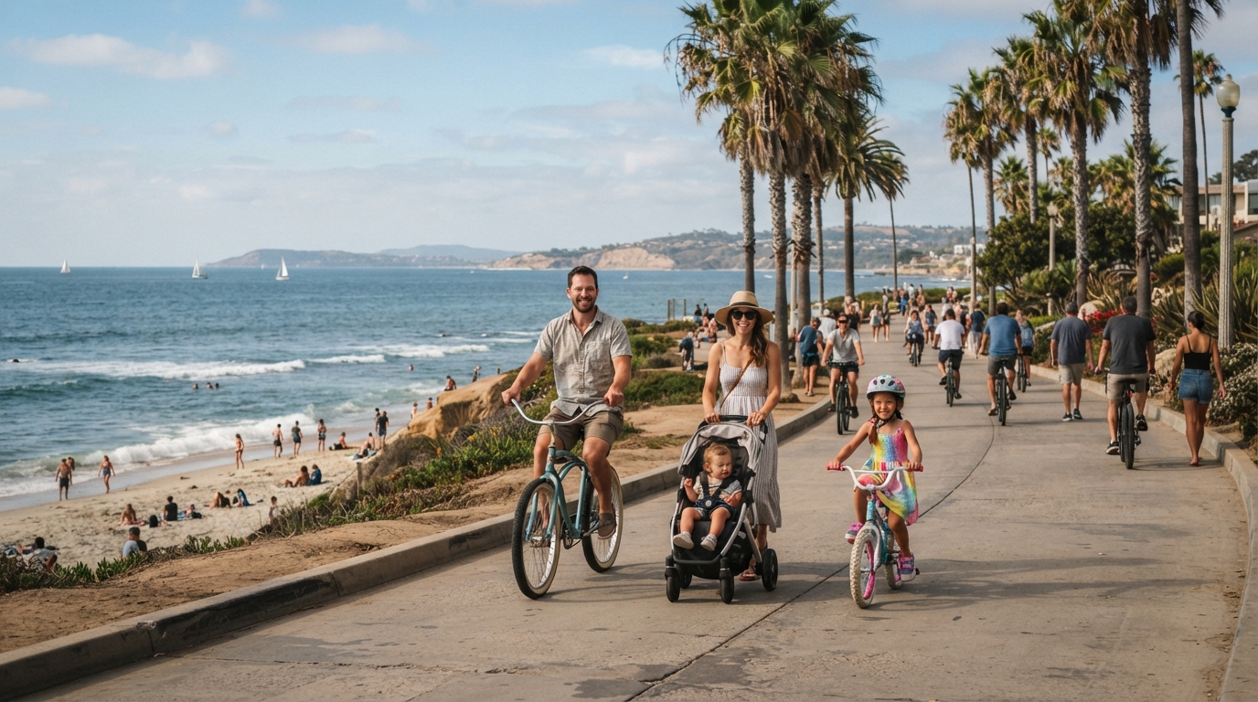 Family exploring the San Diego waterfront in October