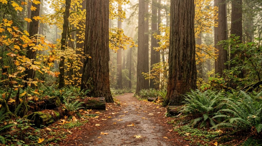 Bothe-Napa Valley State Park fall 2026 with redwood trees, colorful autumn leaves, and forest hiking scenery