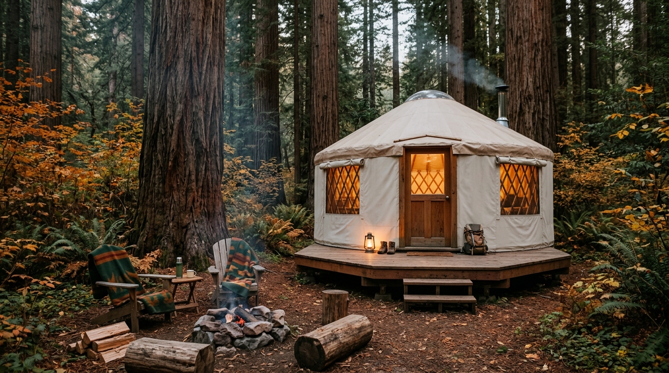 Rustic yurt accommodation inspired by forest camping at Bothe-Napa Valley State Park